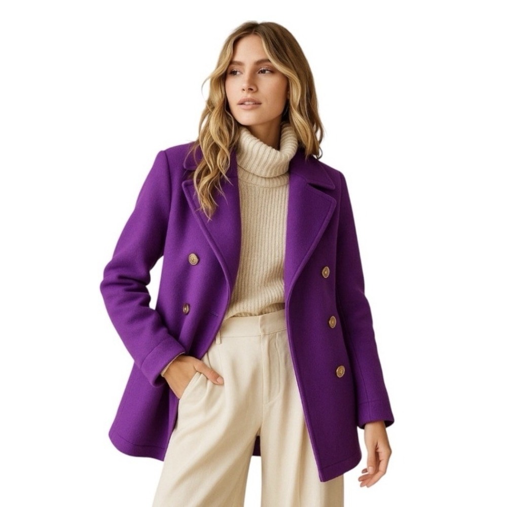 J.Crew Purple Wool Blend Double Breasted Pea Coat with gold buttons Size 10